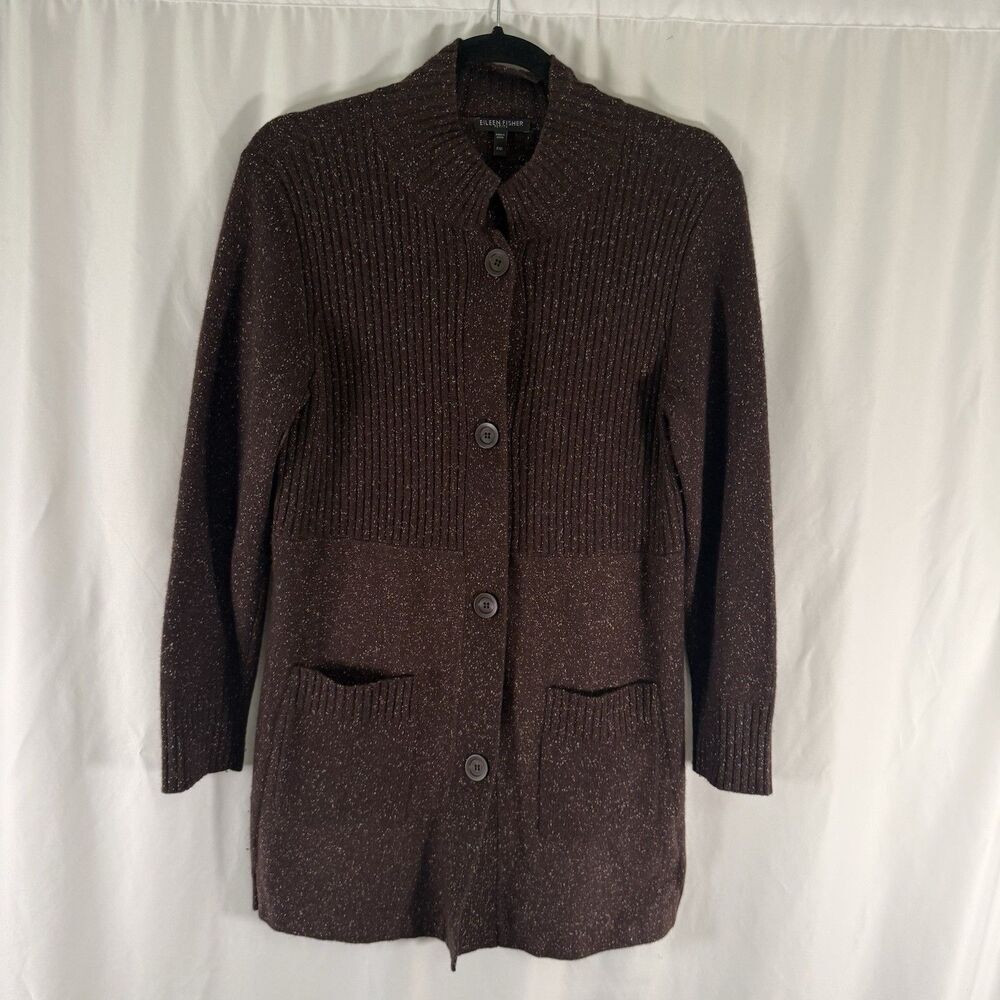 Eileen Fisher Wool Silk Rabbit Blend Cardigan Women's Petite Medium Brown Button